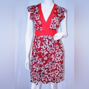 H&M Empire Waist V-NECK Red Poppy FLORAL Flare DRESS Lined Size 8 | EUR 38